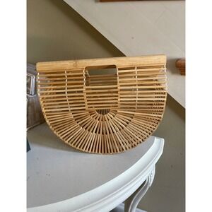 Natural Bamboo Ark Clutch Handbag Half Moon Slatted Wood Cage Bag Tan Summer